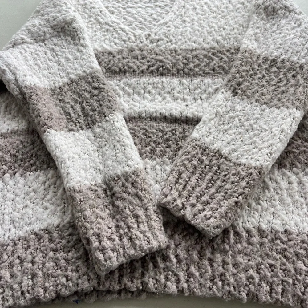 Altar'd State Womens M Cream Taupe Striped Popcorn Knit V-Neck Sweater Boho Cozy